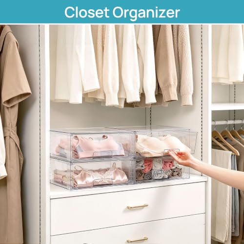 4 Pack Large Clear Stackable Storage Drawers for Closet