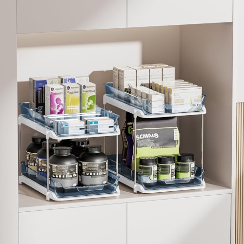 2-Tier Multi-Purpose Bathroom Under Sink Organizers and Storage, Stackable Kitchen Pantry Organization, Pull Out Medicine Cabinet Organizer with Movable Dividers, Blue, 2 Pack (Blue / 2 Pack)