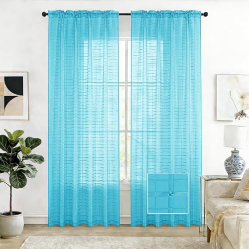 Check Sheer Curtains 108 Inches Long for Living Room (Check - Cyan Blue / 52"W x 108"L (Pack of 2))
