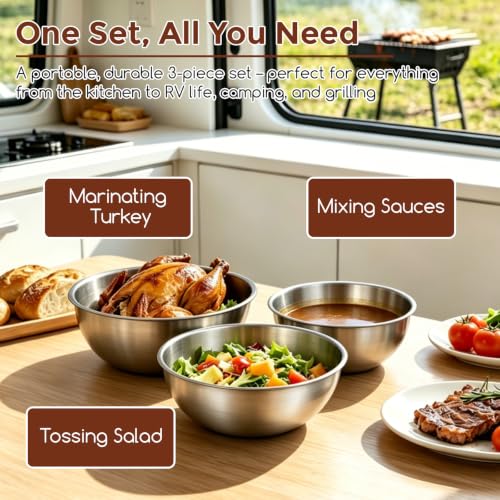 Stainless Steel Mixing Bowls Set (3 Pcs, 1.5, 2.22 & 3.38 qt)