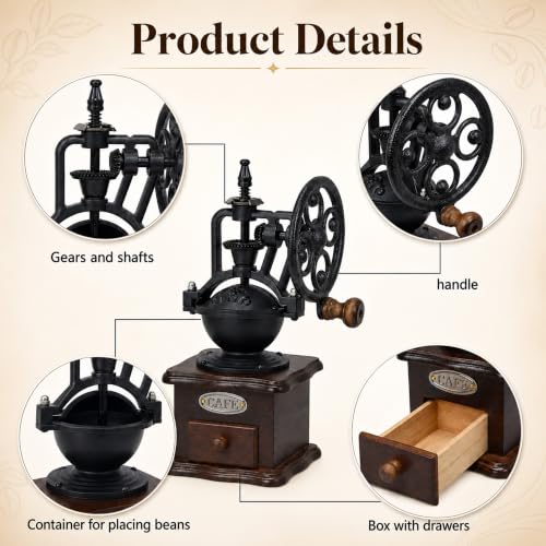 Vintage Manual Coffee Grinder with Cast Iron Ferris Wheel Hand Crank (Espresso Brown (Square Base))