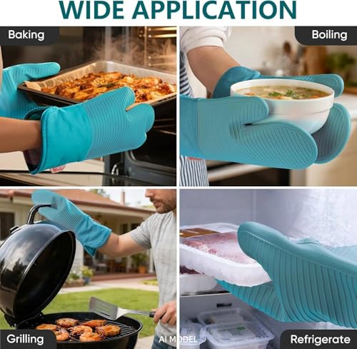 Silicone Oven Mitts (2PCS-13"L x 7"W/GREEN-Striped Surface)