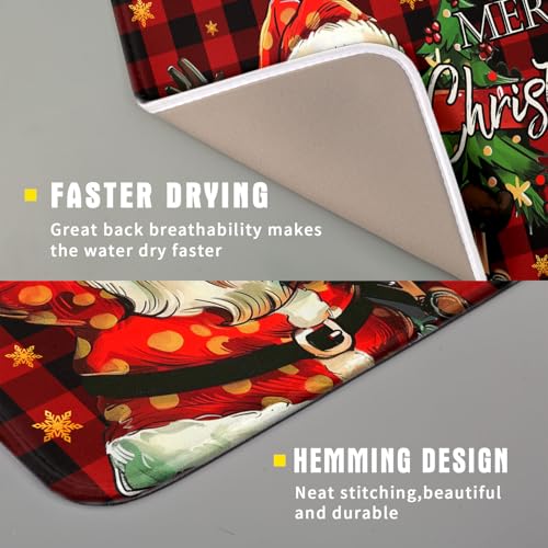 Merry Christmas Santa Claus Red Buffalo Plaid Dish Drying Mat for Kitchen Counter (16" x 18")