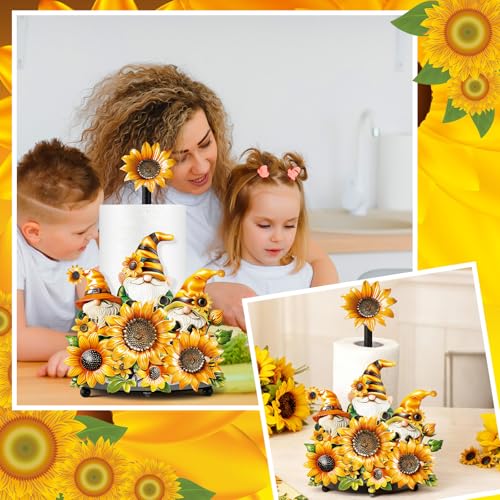 Sunflower Paper Towel Holder Summer Sunflower Gnome Kitchen Decor and Accessories Rustic Farmhouse Dispenser Kitchen Paper Holder Stand with Round Base for Countertop Toilet Home Accessories (Sunflower)