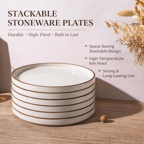 Ceramic Salad Plates Set of 6 (Dusted White-Coffee Rim / 8.0Inch-6pcs)