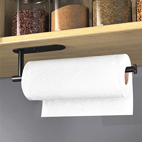 Adhesive Paper Towel Holder Under Cabinet Wall Mount for Kitchen Paper Towel (Black / 2 Pack)