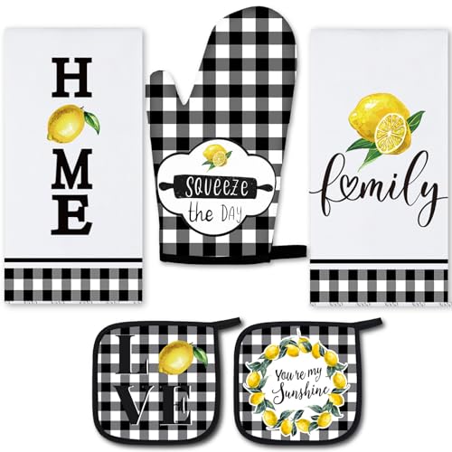 5 Pcs Buffalo Plaid Kitchen Towels Oven Mitts and Pot Holder Set (Lemon)