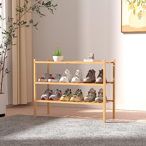 3 Tier Bamboo Shoe Rack for Closet Free Standing Wood Shoe Shelf Storage Organizer for Entryway Small Space Stackable 27"x11"x20" (Natural / 3 Tier)