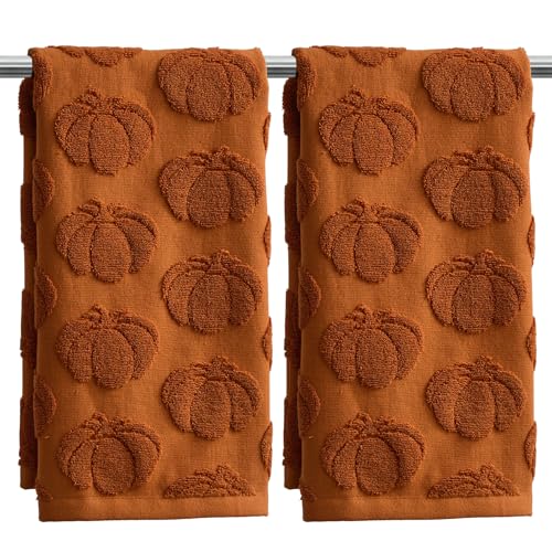 Fall Hand Towels 13.7x29.5 inch Set of 2 Autumn Thanksgiving 3D Rust Pumpkin Reversible Soft Absorbent Decorative Towels for Bathroom Kitchen Bar MJ03A (Rust Pumpkin / 13.7'' x 29.5'')