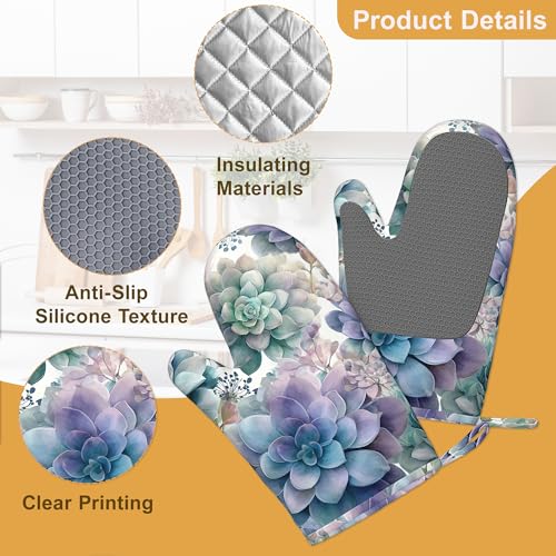 Succulent Botanical Floral Oven Mitts and Pot Holders Sets of 4 (Succulent Botanical Floral)