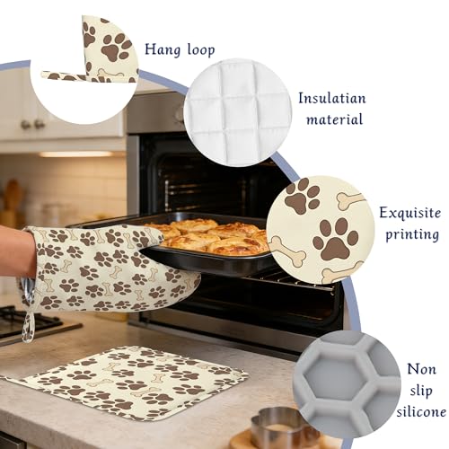 Dog Bone Paw Print Pot Holders and Oven Mitts Set Silicone Cute Animal Paws Kitchen Gloves Potholders Heat Resistant Washable (Dog Bone Paw Print,cute Animal Paws)