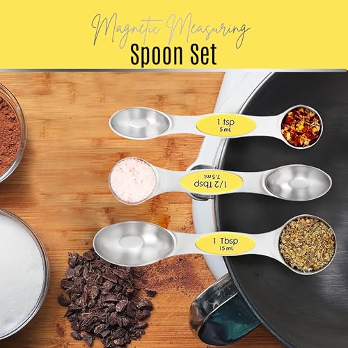 Magnetic Measuring Spoons Set of 9 Stainless Steel Dual (Yellow)