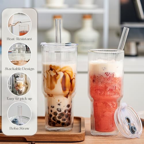 28 oz Double Wall Glass Tumblers Set of 2 (Ribbed)
