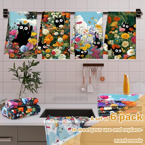 6 Pcs Black Cat Kitchen Towels Retro Wildflower Floral Dishcloth (Wildflower Black Cat)
