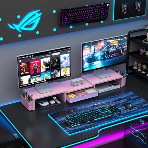 Dual Monitor Stand Riser With Drawer and 2 Pen Holders (Pink)