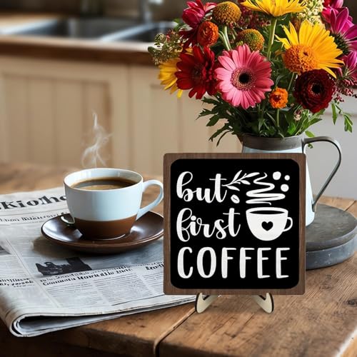 Vintage Coffee Bar Wooden Plaque Desk Sign (Black&Brown / 5.9 x 5.9 x 0.32 inches)