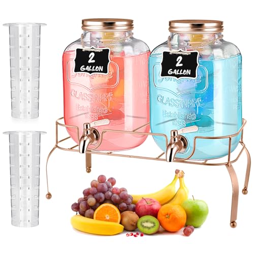 2 Pcs 2 Gallon Glass Drink Dispenser with Stand Ice Cylinder Hanging Chalkboard Signs 18 (Rose Gold)