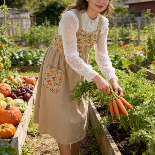 Cotton Linen Apron Cross Back Apron for Women with Pockets Pinafore Dress (Floral Beige Yellow)