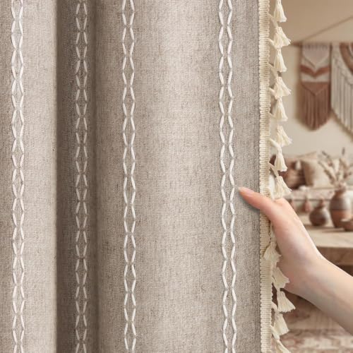 Khaki Brown Boho Blackout Curtains 2 Panels with Tassels 52W X 70L (Khaki Brown / 52"W x 70"L (Pack of 2))