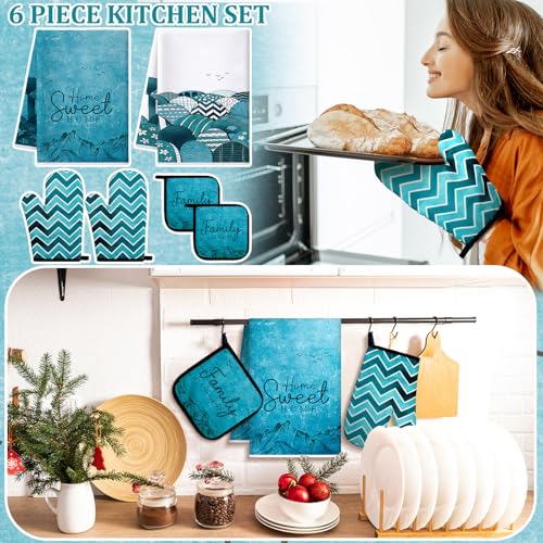 6 Pcs Boho Mountains Kitchen Towels Oven Mitts and Pot Holders Set Decorative Dish Towels Tea Washcloth Non Slip Heat Resistant Oven Gloves for Summer Home Cooking Baking (Turquoise / Boho Mountains)