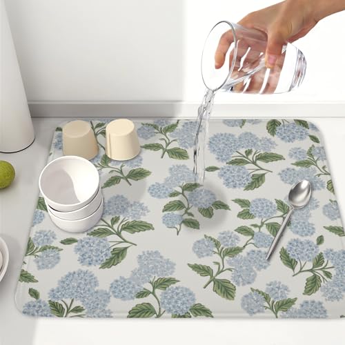 Blue Hydrangea Floral Dish Drying Mat for Kitchen Counter Spring Summer Vintage Flower Microfiber Dish Drainer Mat Rustic Farmhouse Absorbent Washable Drying Pad 16"x18" (Spring Summer Hydrangea / 18" x 16")