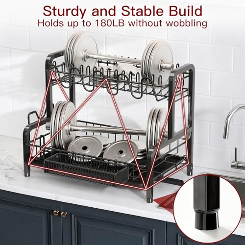 2 Tier Black Stainless Steel Dish Drying Rack for Kitchen Counter (Black / 12.4" D x 17.1" W x 14.2" H)