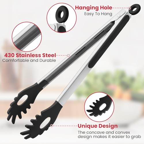 2 PCS Pasta Tong Spaghetti Tongs (9"+12"-Black)