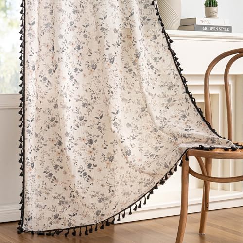Farmhouse Floral Boho Linen Blend Curtains with Black Tassels 63 Inch Length 2 Panels Semi Sheer Light Filtering French Cottage Bedroom Drapes Back Tab (Black / 50"W x 63"L (Pack of 2))