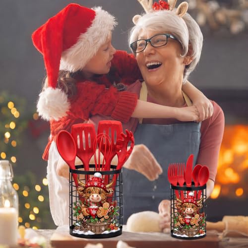 2 Pcs Christmas Kitchen Decor Highland Cow Metal Utensil Holder (Christmas)