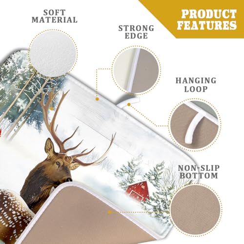 Winter Deer Dish Drying Mat 16"x18" Xmas Tree Bird Holly Berry Dish Drainer Mats Elk Moose Snow Cottage Farmhouse Reversible Small Dish Drying Pad Protector for Kitchen Countertop Decor (18" x 16")
