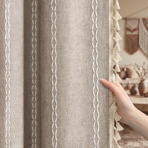 Khaki Brown Boho Blackout Curtains 63 Inch 2 Panels with Tassels (Khaki Brown / 52"W x 63"L (Pack of 2))