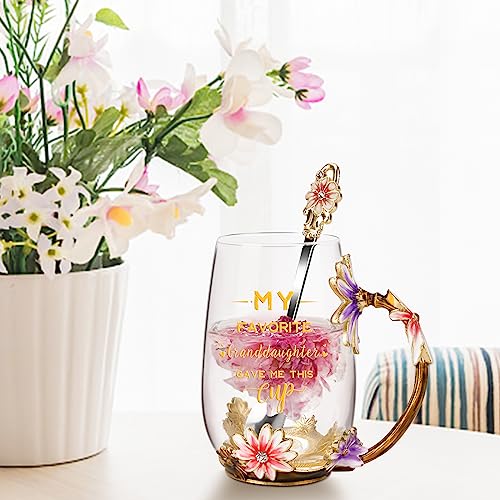 Grandma Gifts from Granddaughter Tea Cup Birthday Grandparent Gifts Mothers Day Enamel Flower Glass Mugs from Grandkids Grandchildren (Grandma)