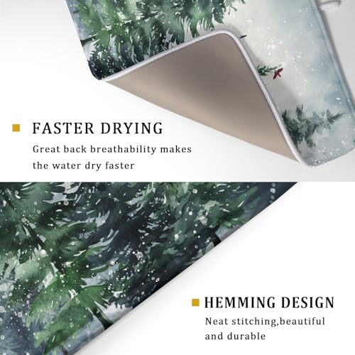 Winter Dish Drying Mat for Kitchen Counter Winter Pine Tree Dish Drying Mat 18x24 Inch Red Bird Christmas Dish Draining Mat Absorbent Reversible Dish Pad Kitchen Accessories Table Protector (Winter Pine Tree-Green / 18" x 24")