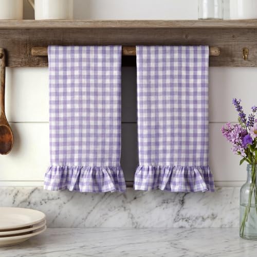 2 Pcs Purple Gingham Kitchen Towels Cotton Ruffled (Purple / Gingham)