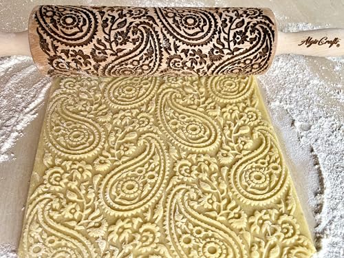 PAISLEY Embossing Rolling Pin with Oriental Pattern. Dough Roller for Embossed Cookies and Pottery by Algis Crafts