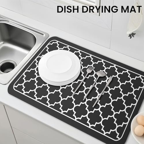 Dish Drying Mat Absorbent Dish Drying Mats for Kitchen Counter 18"x 28" (Stylish Black / 28" x 18")