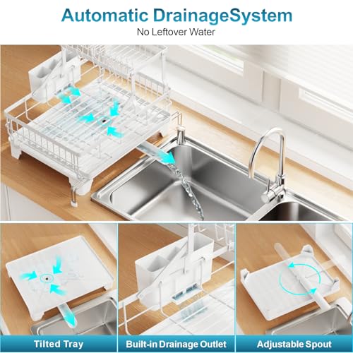 Large Expandable 2 Tier Dish Drying Rack (White / 2-Tier, Expandable 14.4"-22.4" W)