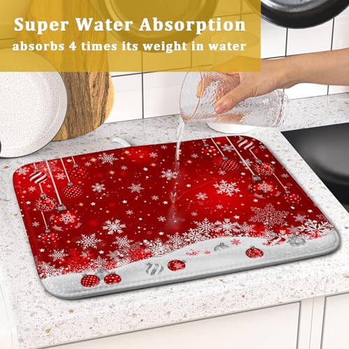 Xmas Balls Dish Drying Mat for Kitchen Countertop Winter Red White Snowflakes Dish Drainer Mats 16x18inch Reversible Dish Drying Rack Pad Protector for Dining Holiday New Year Decor (18" x 16")