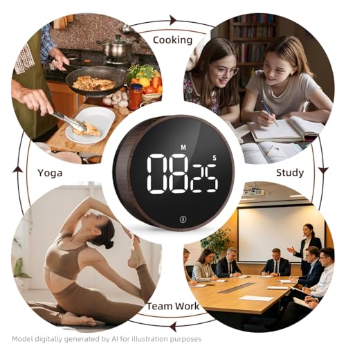 Digital Magnetic Kitchen Timer & Stopwatch with LED Display (7.8*7.8*2.7CM / Deep Woodgrain)