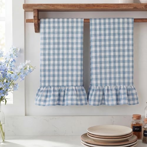 2 Pcs Dusty Blue Gingham Kitchen Towels Cotton Ruffle Dish Towel (Dusty Blue / Gingham)