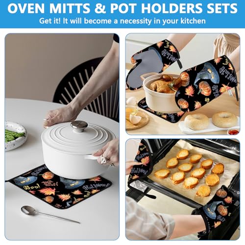 Halloween Pumpkin Autumn Maple Leave Oven Mitts and Pot Holders Sets Heat Resistant 4Pcs Potholders Oven Gloves Hot Pads for Kitchen Baking Cooking Grilling BBQ (Halloween Pumpkin Autumn Maple Leave)