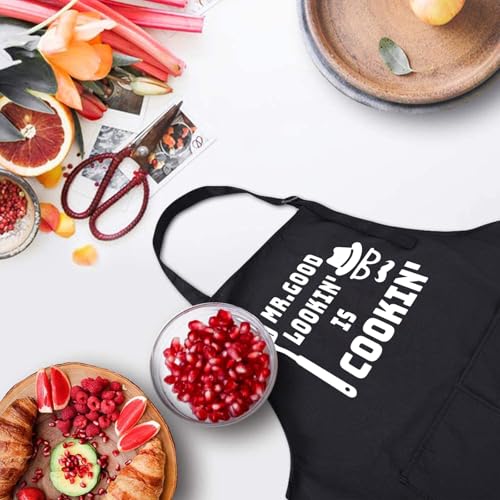 Funny Black Chef Aprons for Men Adjustable BBQ Kitchen Cooking Apron (Mr.good Lookin，is Cookin)