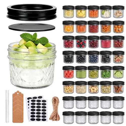 4oz Clear Glass Mini Mason Jars (4oz - Diamond Appearance - Split Black Lid)