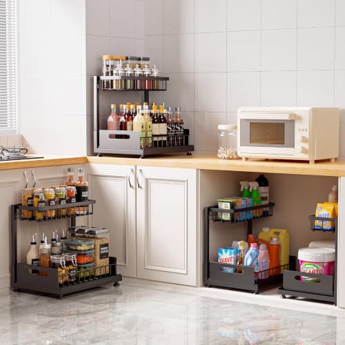 2-Pack L-Shaped Under Sink Organizer, 2-Tier Pull-out Cabinet Rack (Black / 2 Pack)