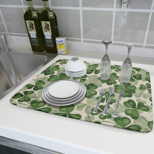 St Patrick's Day Dish Drying Mat for Kitchen Counter 18x24 Saint Patricks Clover Shamrock Green Print Absorbent Reversible Microfiber Drying Mats Kitchen Countertop Protector Dishes Drainer Rack Pad (18" x 24")