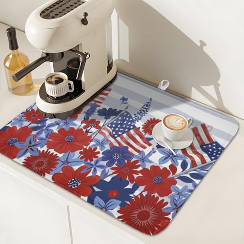Patriotic Floral Dish Drying Mat for Kitchen Counter 4th of July American Flag Microfiber Dish Drainer Mat Red and Blue Flower Absorbent Washable Drying Pad 16"x18" (Patriotic Floral Flag / 18" x 16")