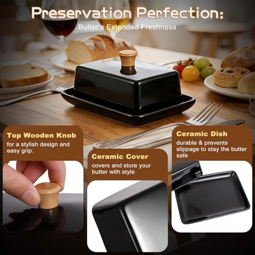 Ceramic Black European Butter Dish with Lid for Countertop (Black / 7 Inch)