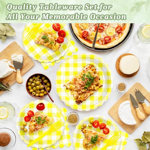 75 Yellow Gingham Paper Plates&Napkins Disposable for Party (Yellow Gingham 75 Plates Set / 7-inch Set)