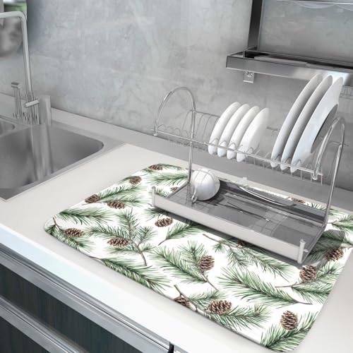 Winter Dish Drying Mat for Kitchen Counter Pine Needle Cone Festival Xmas Microfiber Absorbent Dish Draining Reusable Washable Foldable Extra Large 18"x24" (24" x 18")