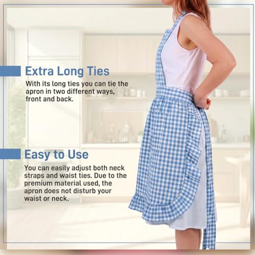 Vintage Apron Ruffle Dress Women 2 Pockets (Light Blue / Gingham)